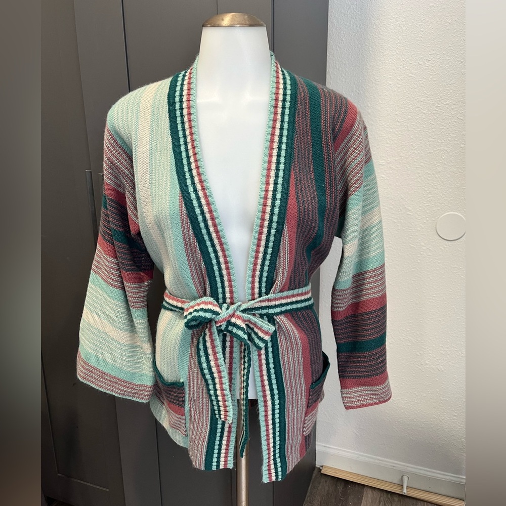 Striped Belted Open Cardigan Sweater - Mint, Teal & Rose